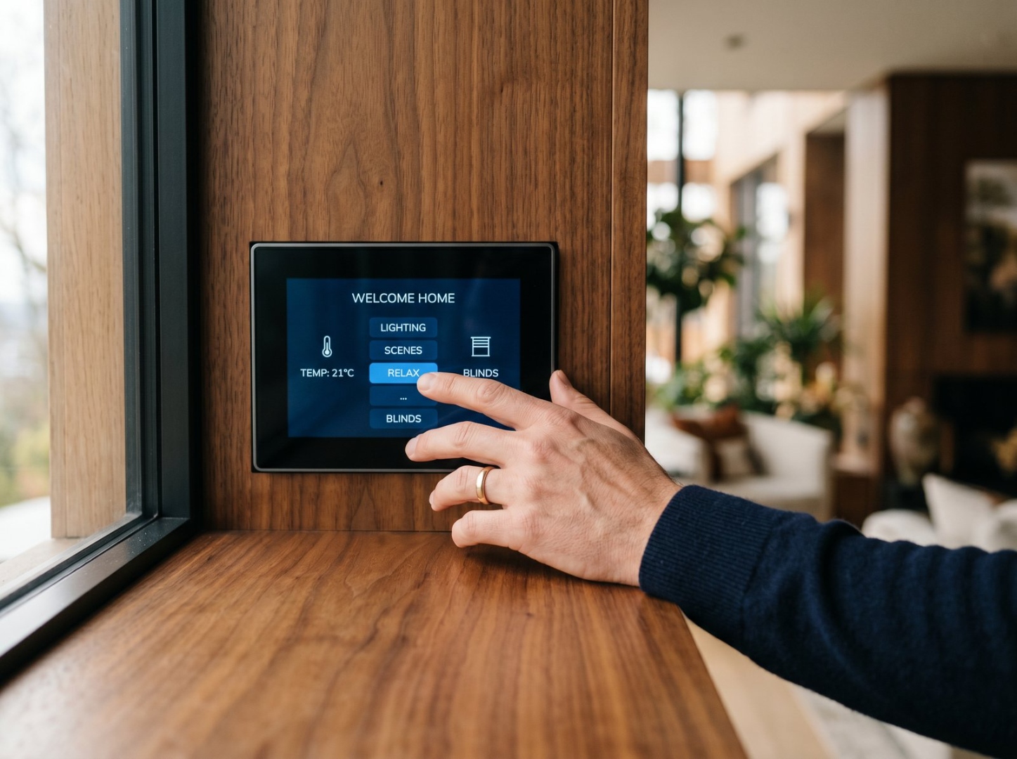 Hand on a flush-mounted Loxone touchpanel set in walnut paneling