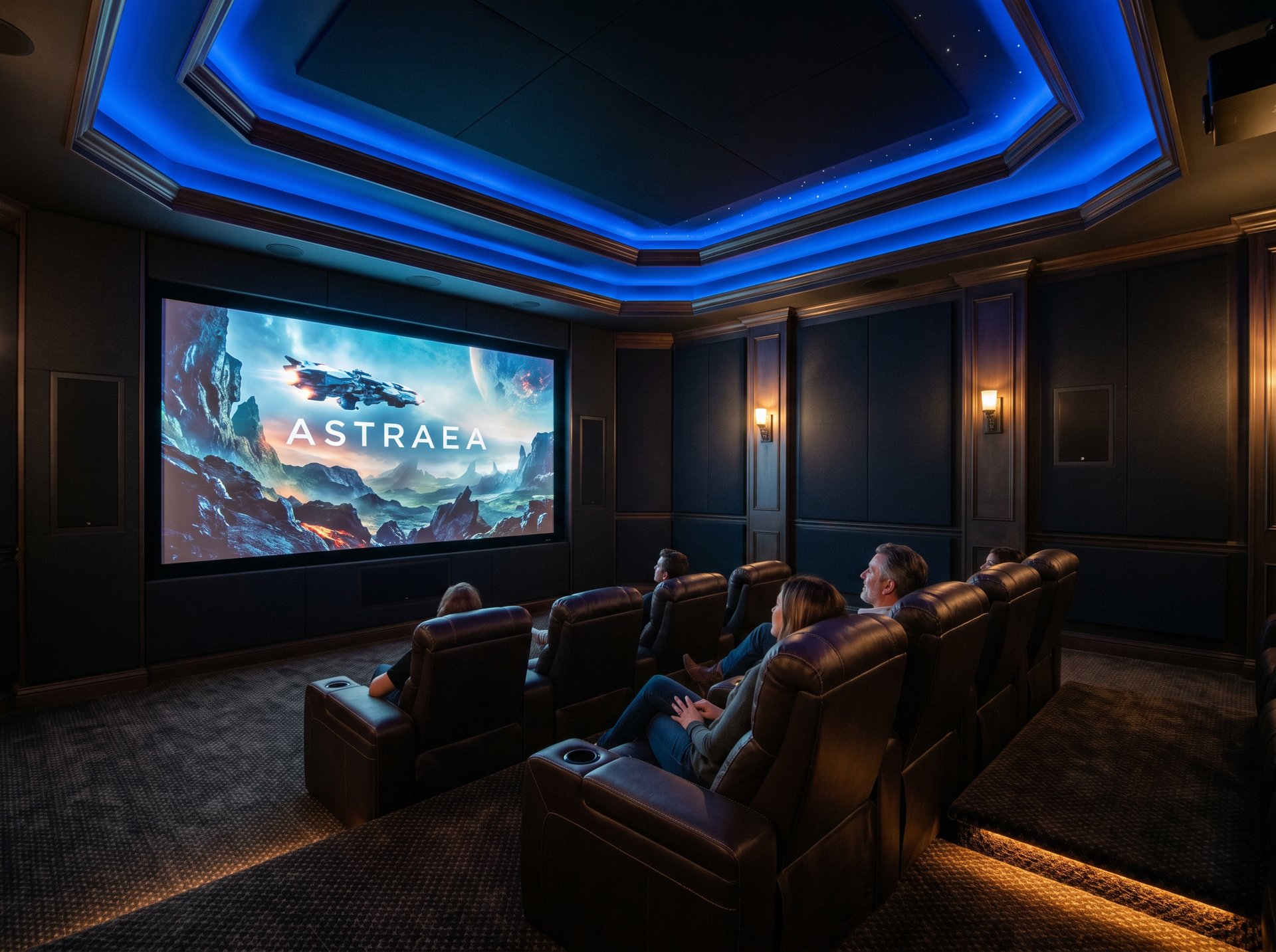 Refined media room with display, integrated audio, lighting, and scene control