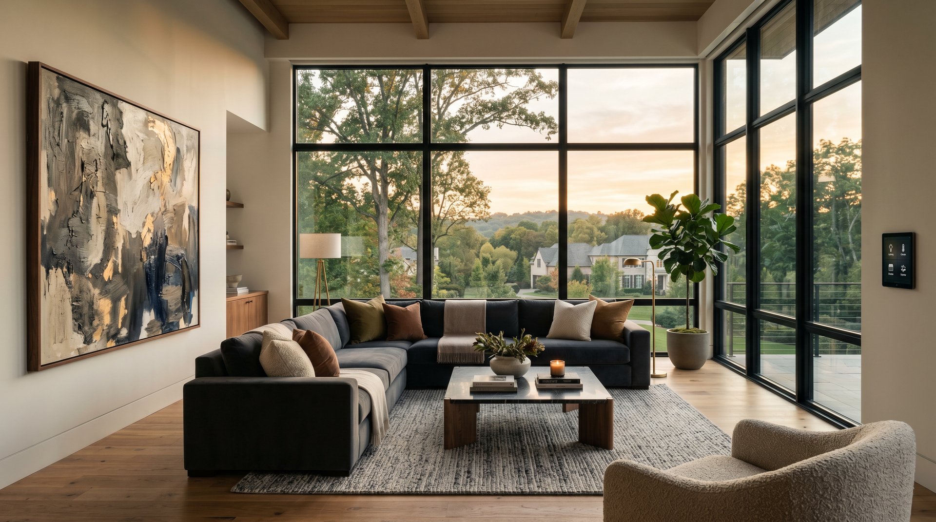 Modern luxury living room with floor-to-ceiling windows at golden hour
