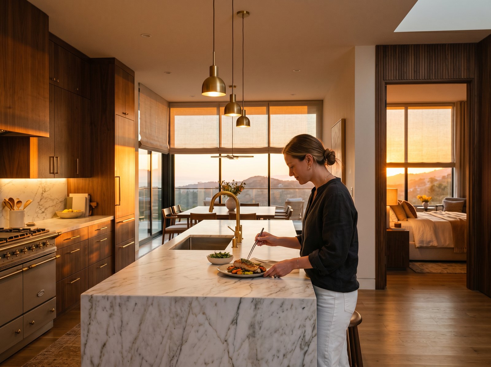 A modern open kitchen at golden hour with motorized shades and ambient light
