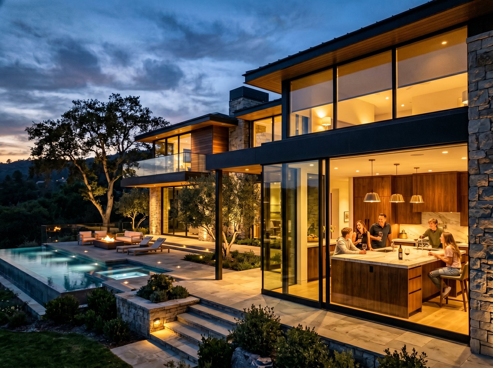 A luxury estate at dusk, fully lit and orchestrated