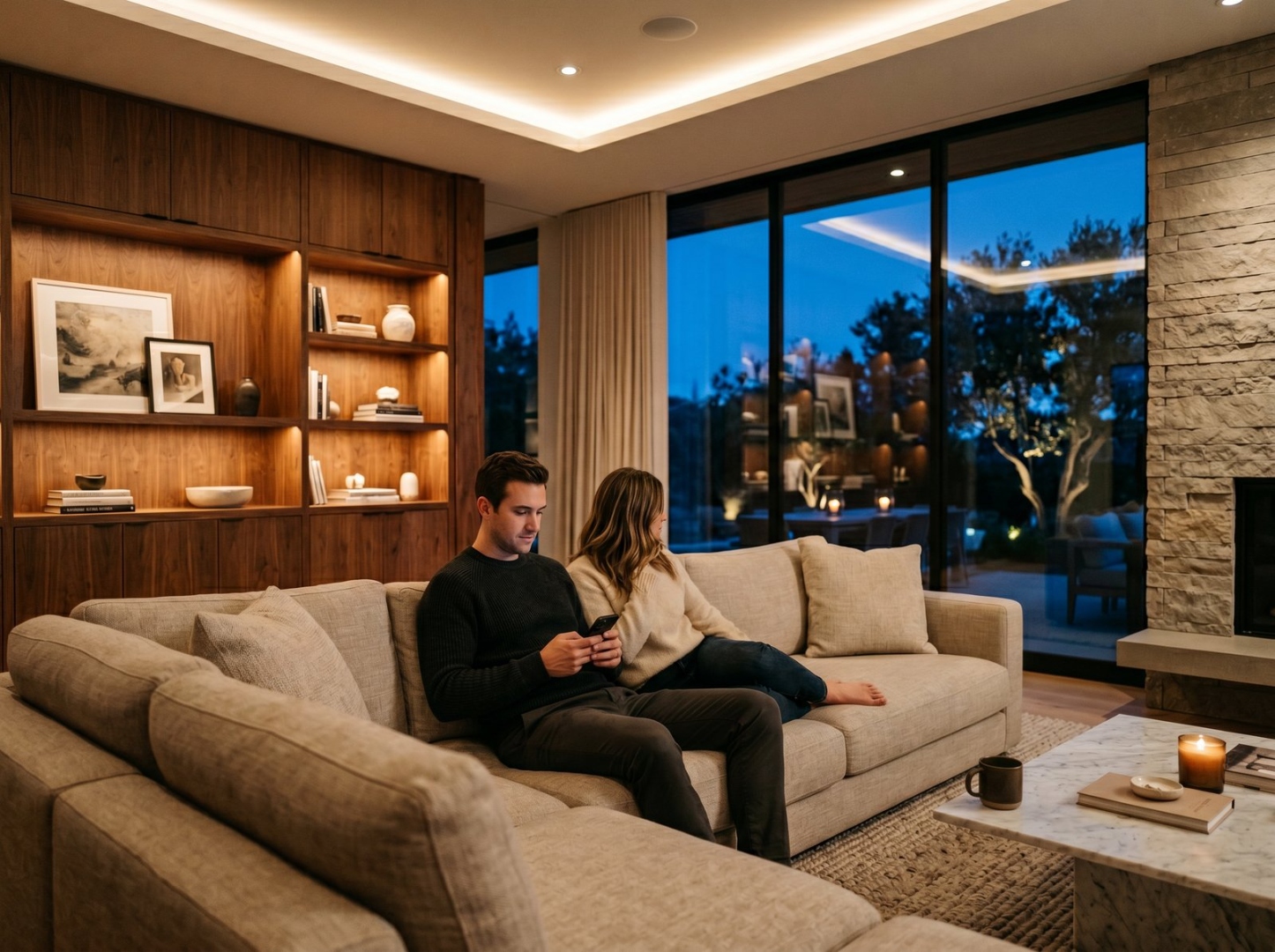 A relaxed evening at home with warm ambient lighting