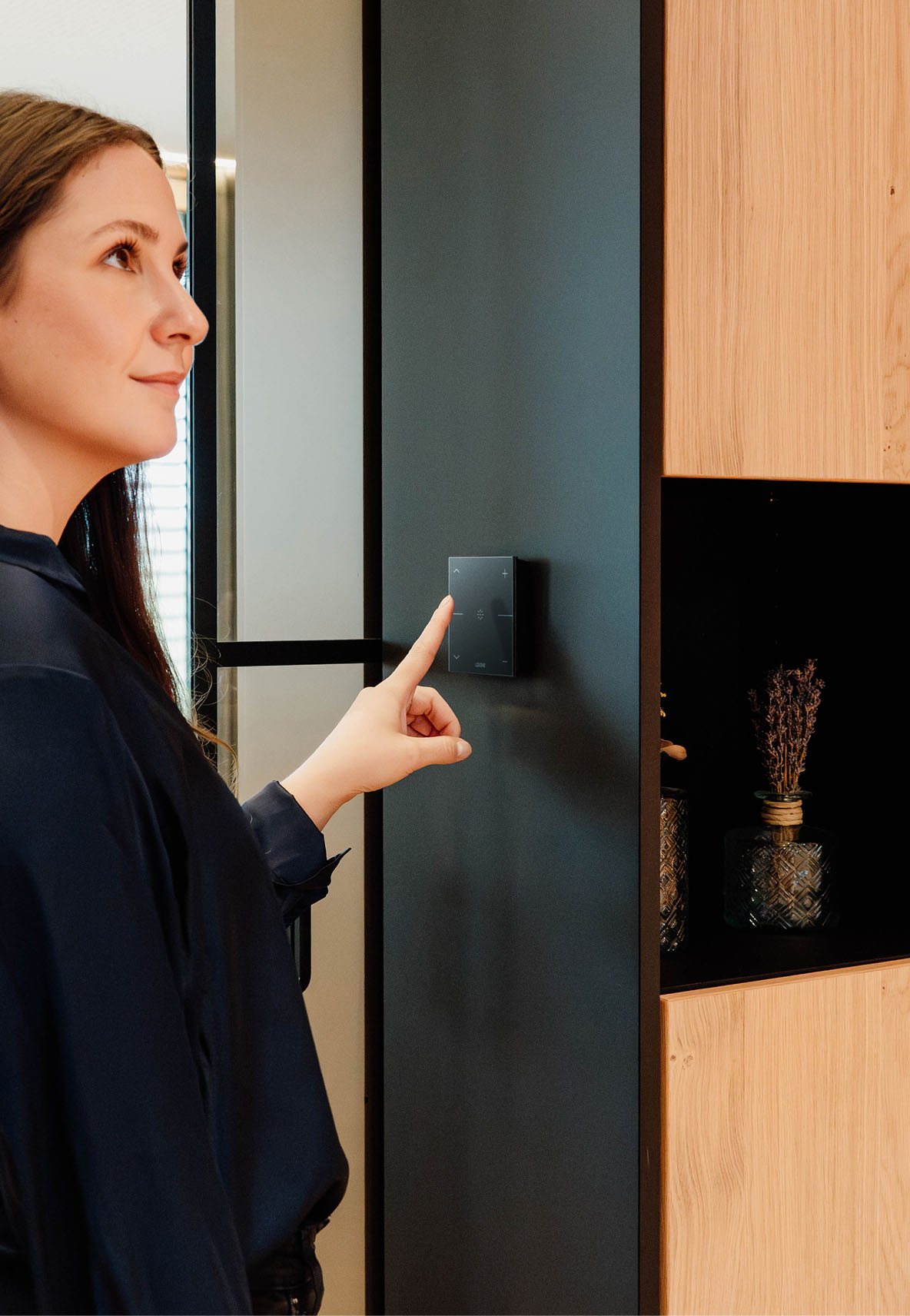 Flush mounted smart home control integrated into interior millwork